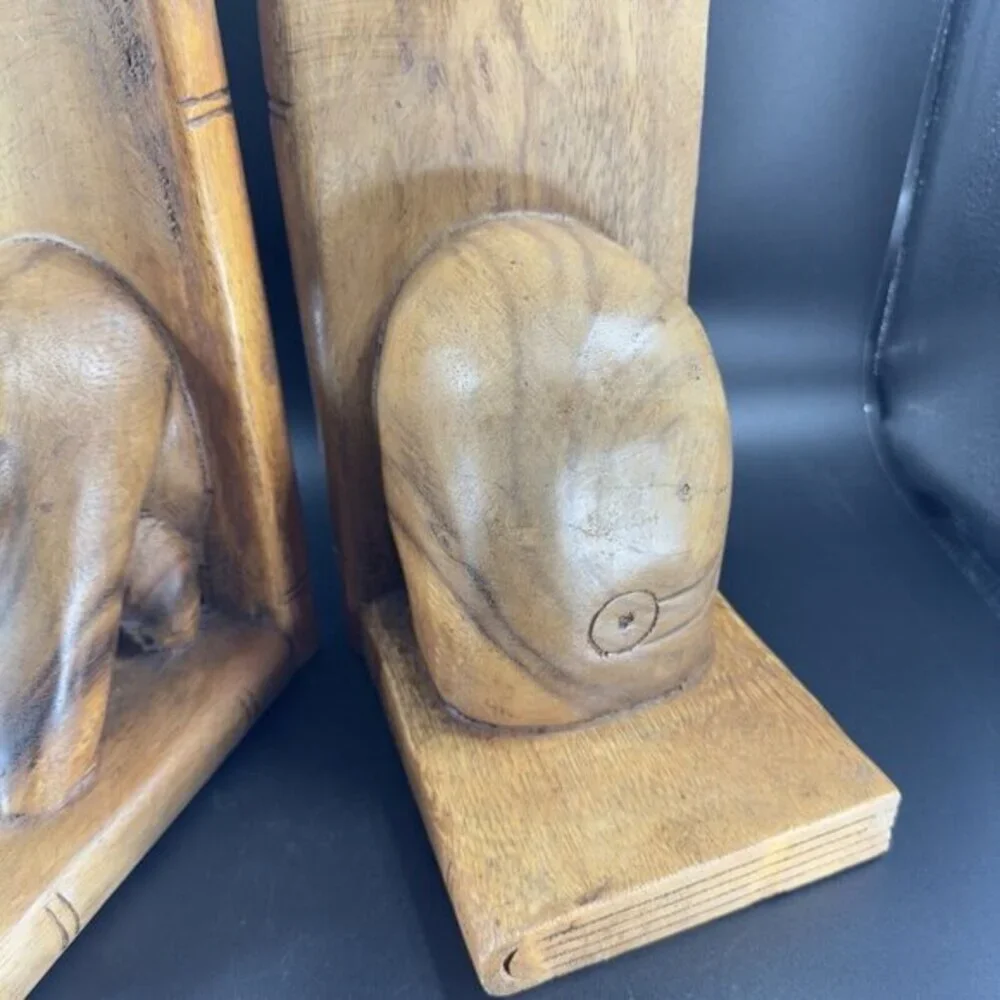 Hand Carved Wood Pig Bookend Set Folk Art Decor Primitive Bookends Hand Made VTG
